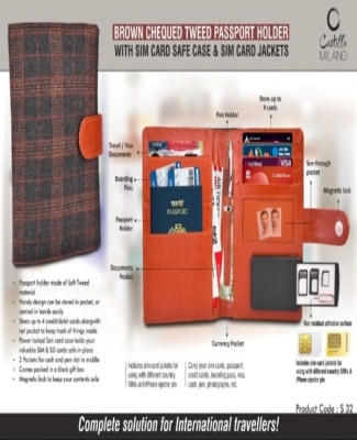 Brown Chequed Tweed Passport holder with Sim Card Safe Case & Sim Card Jackets