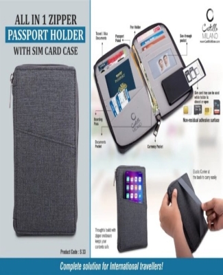 All in 1 Zipper Passport holder with Sim card case- Gray