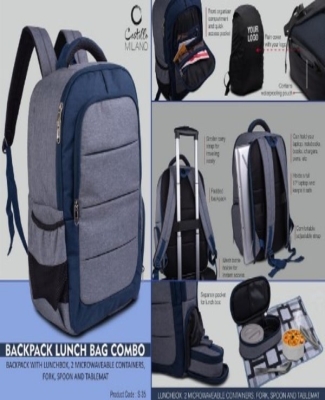 Backpack Lunch bag kit combo : Backpack with Lunchbox, 2 microwaveable containers, Fork, spoon and tablemat