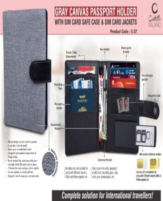 Gray Canvas Passport holder with Sim Card Safe Case & Sim Card Jackets
