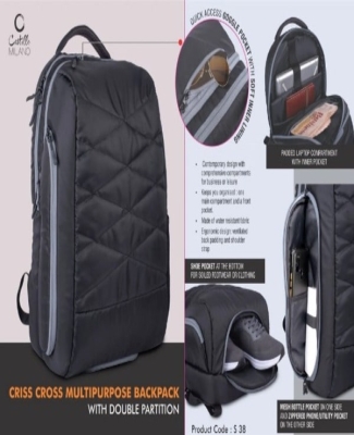 Criss Cross Multipurpose Backpack with Double Partition | Hidden phone and Goggle pockets | Separate Shoe Pocket