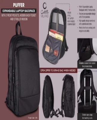 Puffer: Expandable laptop backpack with 2 front pockets, hidden back pocket and Stroller ribbon