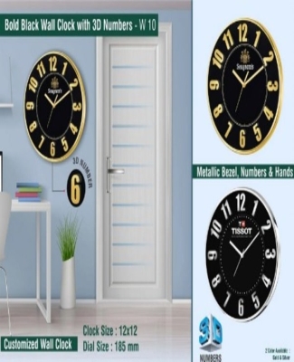 Bold Black Wall Clock with 3D Numbers | with Metallic Bezel, numbers and Hands