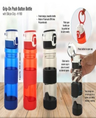 Grip-On: Push button bottle with silicon grip (600ml approx) | Made from Tritan | BPA free -