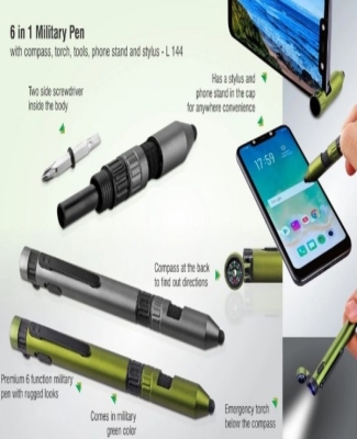 6 in 1 Military pen with compass, torch, tools, phone stand and stylus