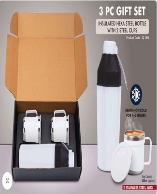 3 pc Gift Set : Insulated Square Steel bottle with 2 Steel cups | Keeps hot for 4-6 hours